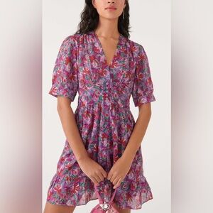 BA&SH Purple Floral Print Aniela V-Neck Button Front Smocked Mini- NEW